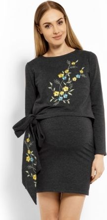 Elegantní těhotenské šaty, tunika s výšivkou a stuhou - grafit (kojící), Velikosti těh. moda L/XL - obrázek 1