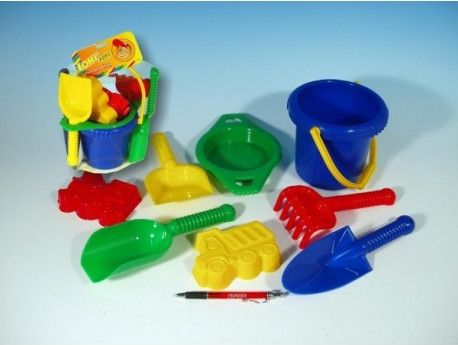 Kbelík sítko lopatka kupecká lopatka hrabičky plast v síťce 20x28x12cm 12m+ - obrázek 1