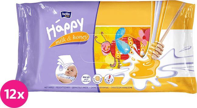 12x BELLA HAPPY BABY Vlhčené ubrousky mléko a med 64 ks - obrázek 1