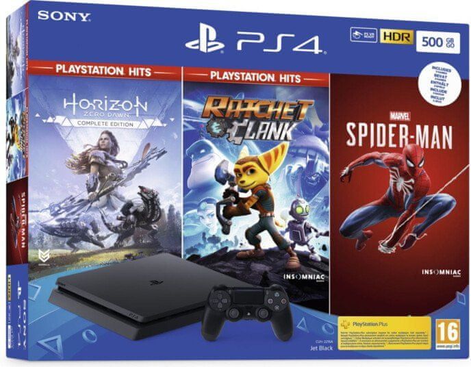Sony PlayStation 4 Slim - 500GB, černá + Spider-Man + Horizon Zero Dawn + Ratchet & Clank (PS719391708) - obrázek 1