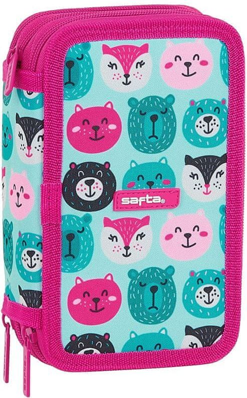 CurePink Trojdílné naplněné školní pouzdro Safta: Zvířátka vzor 42027 (12,5 x 19,5 x 5,5 cm) růžový polyester - obrázek 1