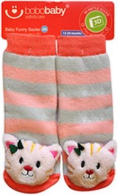BOBO BABY Dětské protiskluzové ponožky 3D s chrastítkem - Kočička, meruňková - obrázek 1