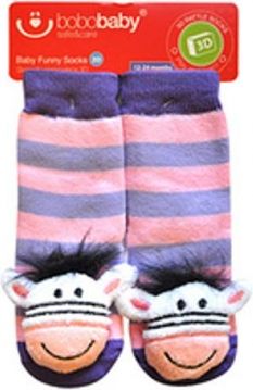 BOBO BABY Dětské protiskluzové ponožky 3D s chrastítkem - Zebra, fialová - obrázek 1