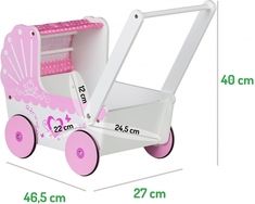 Kočárek pro panenky dřevěný - SRDCE bílo-růžový - EcoToys - obrázek 5
