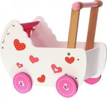 Kočárek pro panenky dřevěný - SRDÍČKA bílo-růžový - EcoToys - obrázek 1