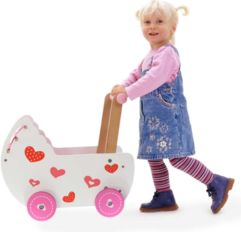 Kočárek pro panenky dřevěný - SRDÍČKA bílo-růžový - EcoToys - obrázek 4