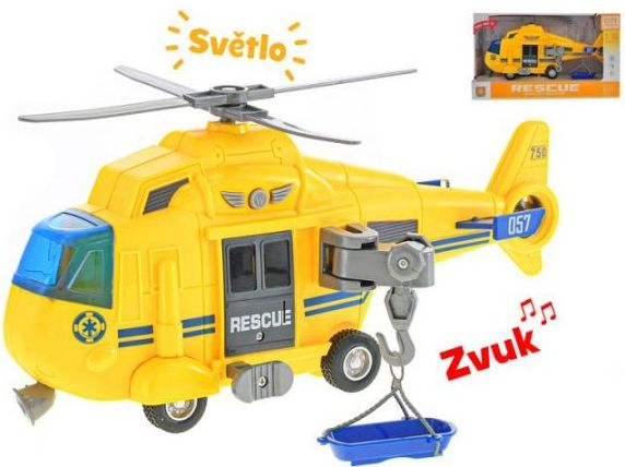 Helikoptéra 28cm na setrvačník na baterie se světlem a zvukem žlutá v krabičce - obrázek 1