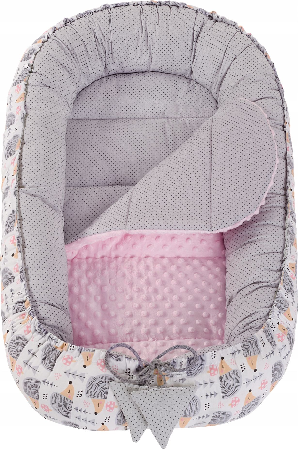 Set do postýlky BABYBOOM, 5ks, hnízdo, polštář, přikrývka, motýlek, matrace + obal, barva šedá a růžová, motiv ježek - obrázek 2