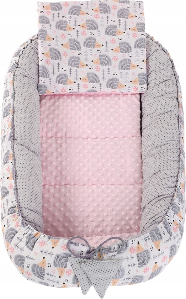 Set do postýlky BABYBOOM, 5ks, hnízdo, polštář, přikrývka, motýlek, matrace + obal, barva šedá a růžová, motiv ježek - obrázek 3
