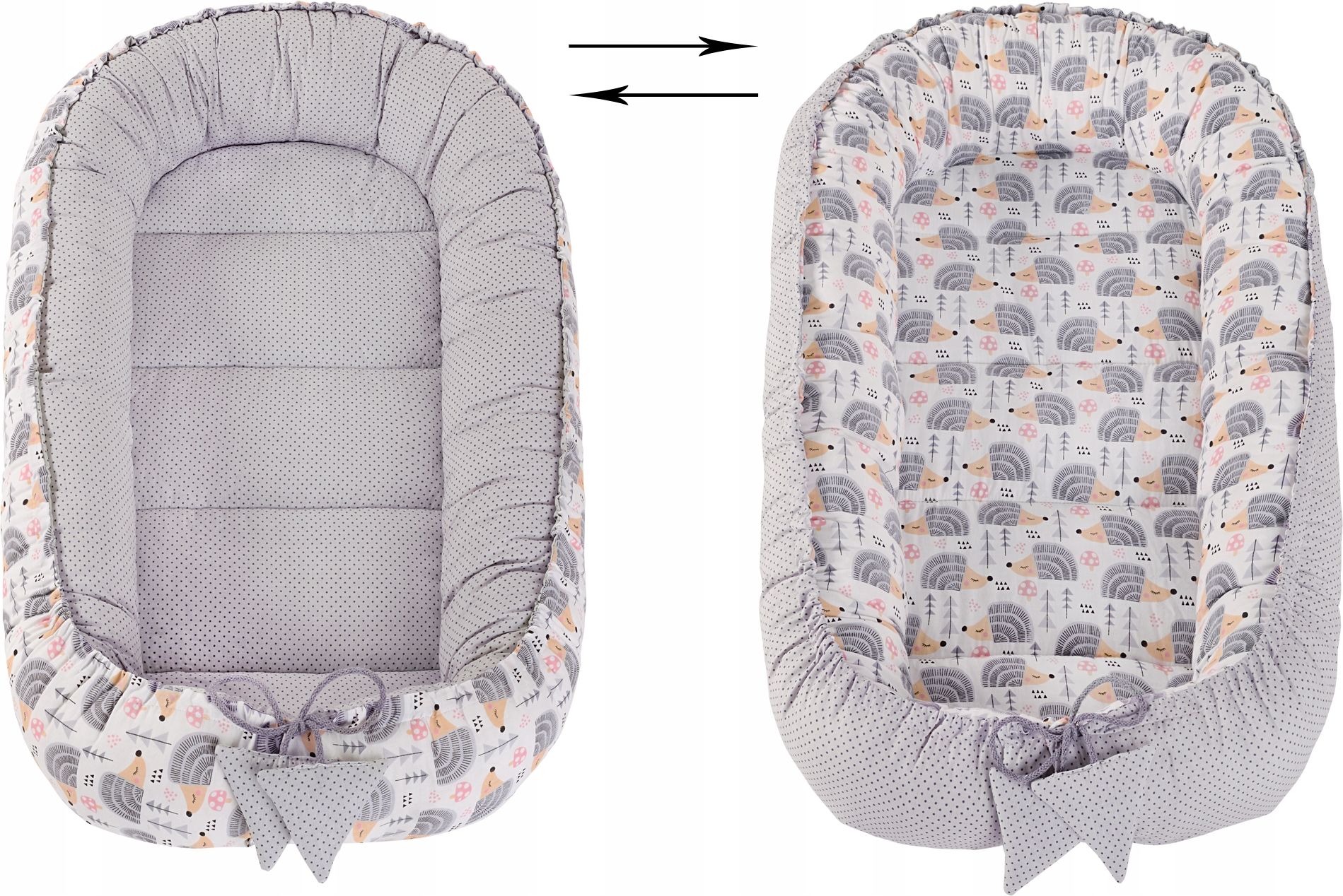 Set do postýlky BABYBOOM, 5ks, hnízdo, polštář, přikrývka, motýlek, matrace + obal, barva šedá a růžová, motiv ježek - obrázek 5