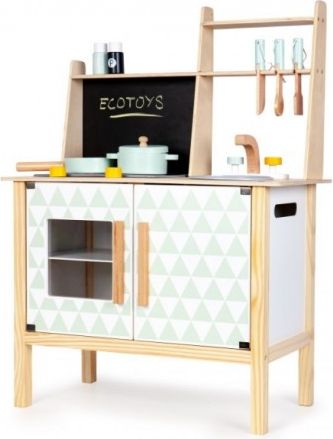 Eco Toys Dřevěná kuchyňka s příslušenstvím, 78 x 60 x 30 cm - bílá / borovice - obrázek 1