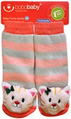 BOBO BABY Dětské protiskluzové ponožky 3D s chrastítkem - Kočička, meruňková - obrázek 1