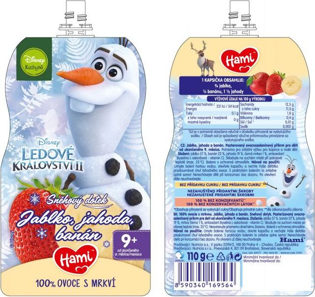 HAMI Disney Frozen Olaf ovocnozeleninová kapsička Jablko, Jahoda, Banán 110 g, 9+ - obrázek 2