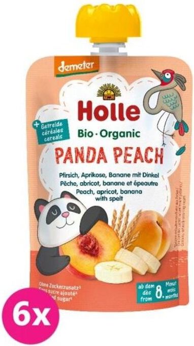 6x HOLLE Panda Peach Bio pyré broskev merunka banán špalda 100 g (8+) - obrázek 1