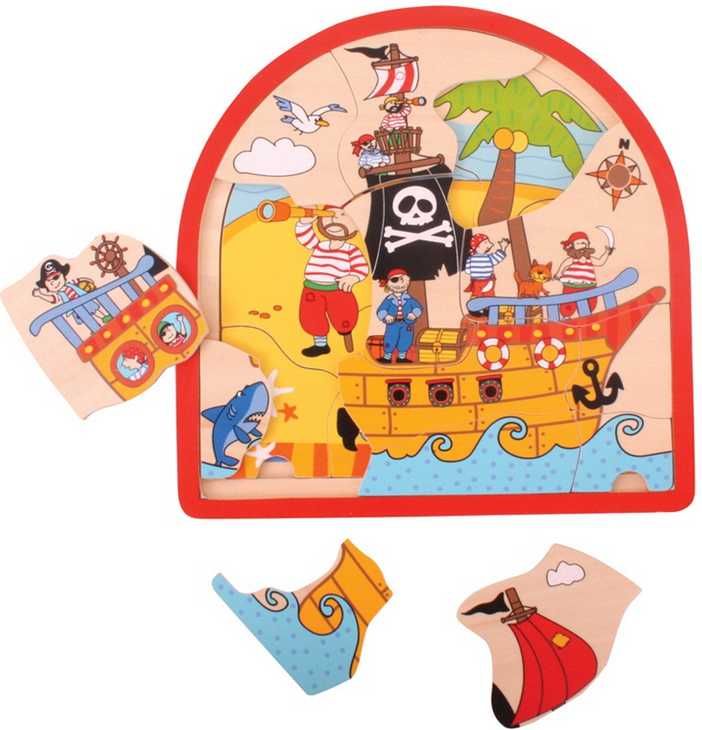 Bigjigs Toys Dřevěné vícevrstvé puzzle Pirátská loď - obrázek 1