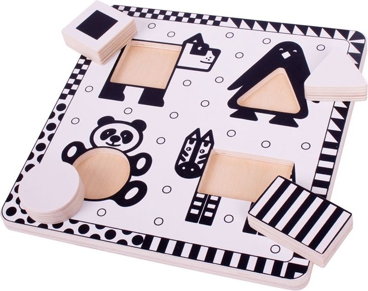 Bigjigs Toys Dřevěné vkládací puzzle černobílé tvary 1 - obrázek 1