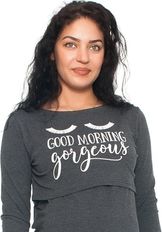 Těhotenská/Kojící noční košile dlouhý rukáv - GORGEOUS grafitová - BeeMaaMaa       velikost L/XL - obrázek 2