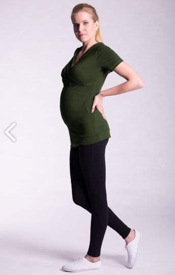 Těhotenské a kojící triko s kapucí, kr. rukáv - khaki - L/XL - obrázek 1
