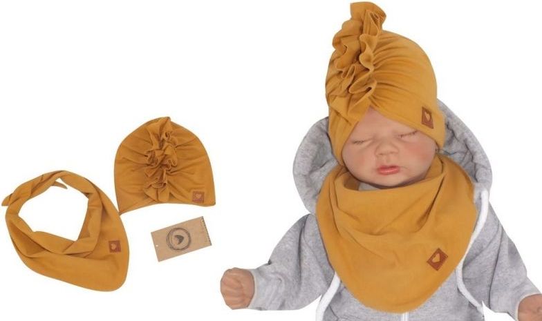 Z& Z Stylová dětská jarní/podzimní bavlněná čepice, turban s šátkem, medová - 38/42 čepičky obvod - obrázek 1