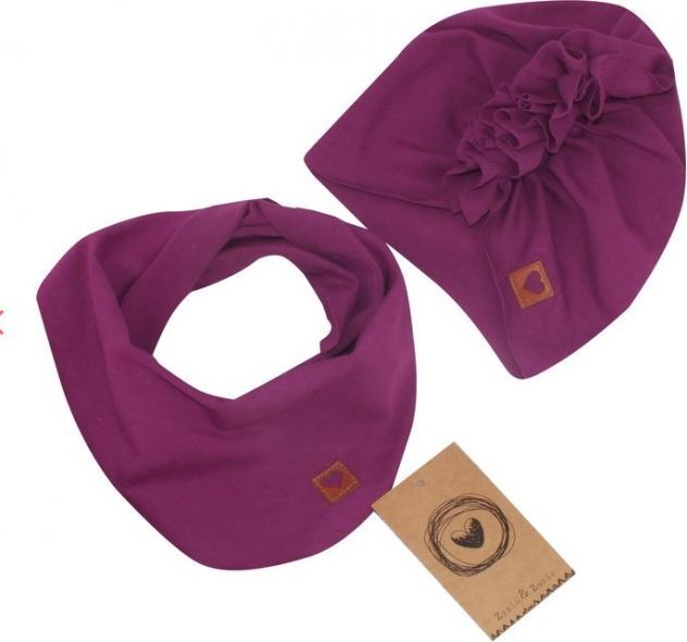 Z& Z Stylová dětská jarní/podzimní bavlněná čepice, turban s šátkem, švestka - 38/42 čepičky obvod - obrázek 2