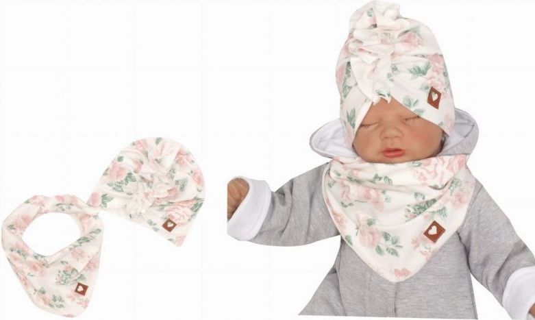 Z& Z Stylová dětská jarní/podzimní bavlněná čepice, turban s šátkem, kytky - 38/42 čepičky obvod - obrázek 1