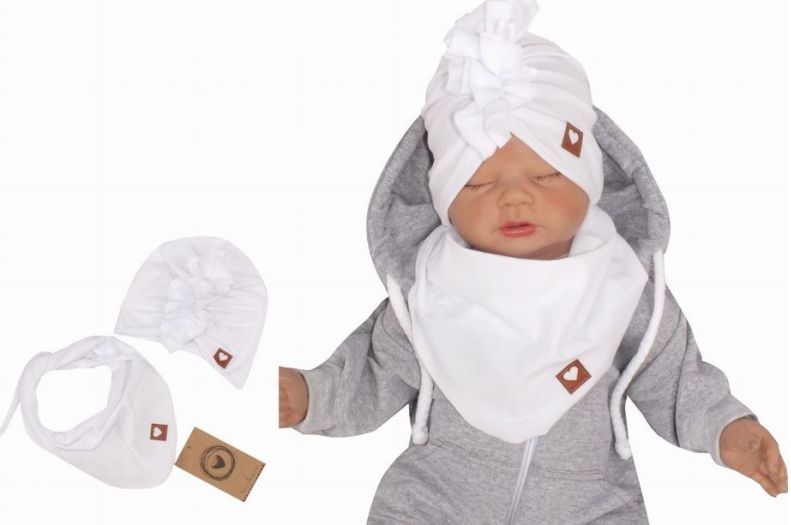 Z& Z Stylová dětská jarní/podzimní bavlněná čepice, turban s šátkem, bílá - 38/42 čepičky obvod - obrázek 1