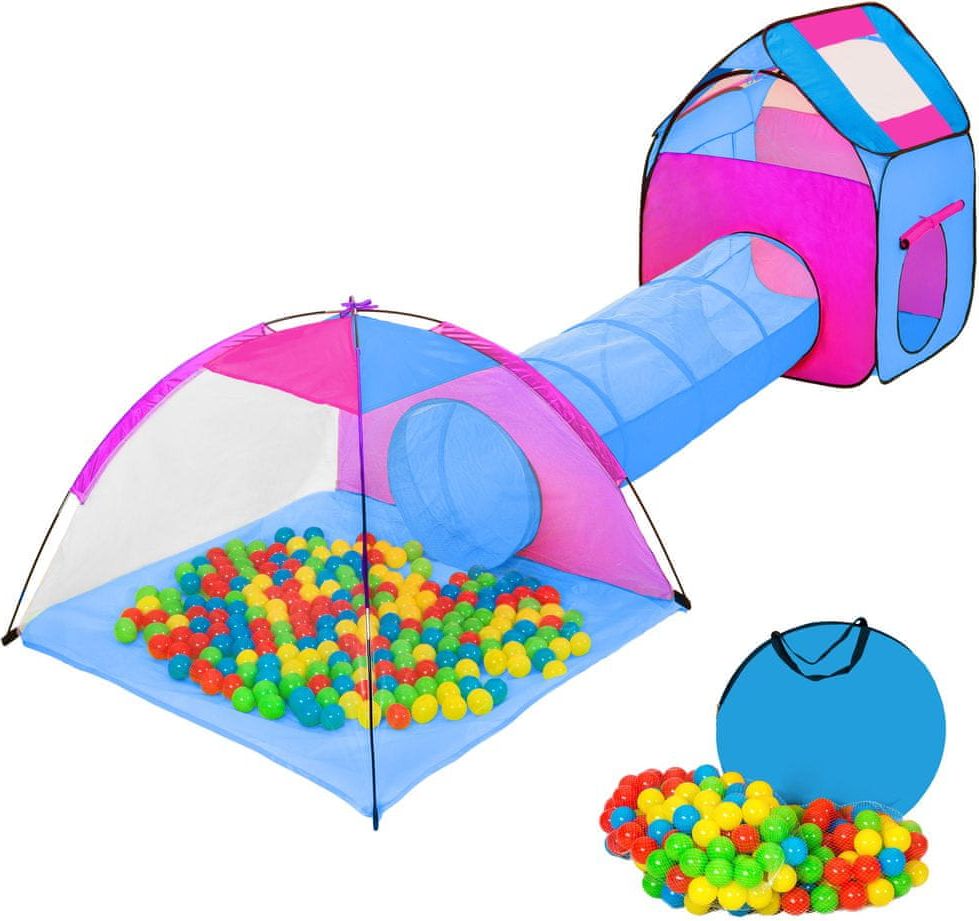 tectake Dětský stanový set se spojovacím tunelem s 200 míčky - modrá - obrázek 1