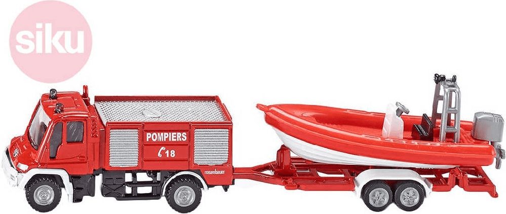 SIKU Auto hasiči Unimog s přívěsem s člunem 1:87 kovové 1636 - obrázek 1