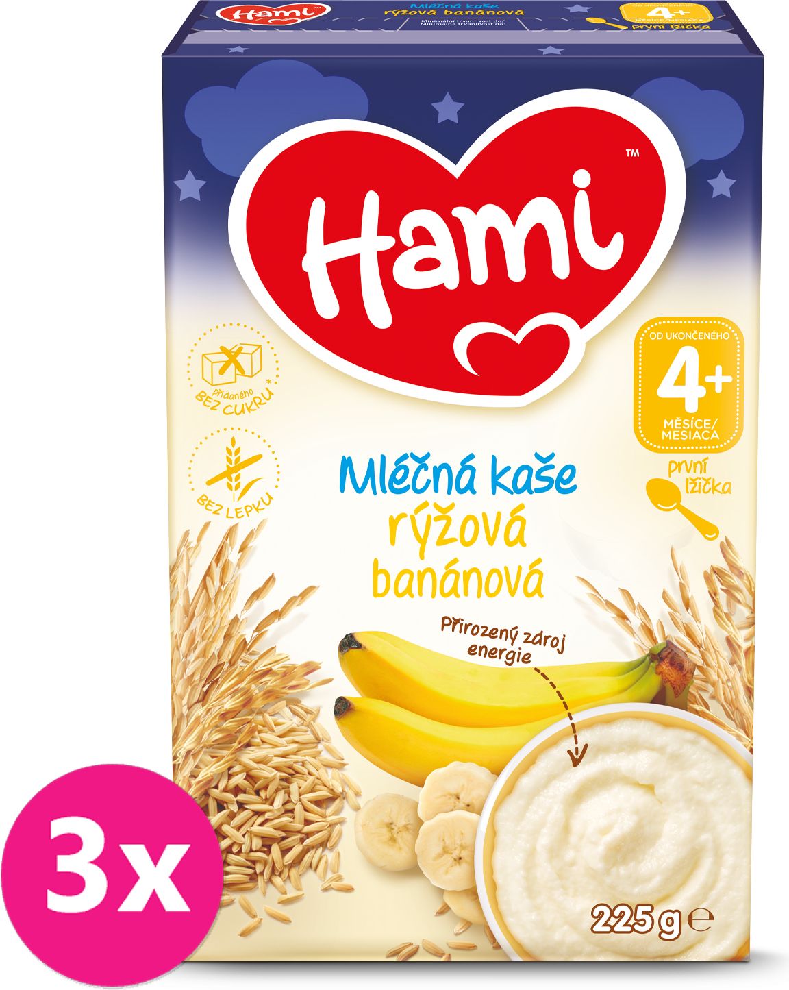 3x HAMI Mléčná kaše rýžová banánová na dobrou noc 225 g - obrázek 1
