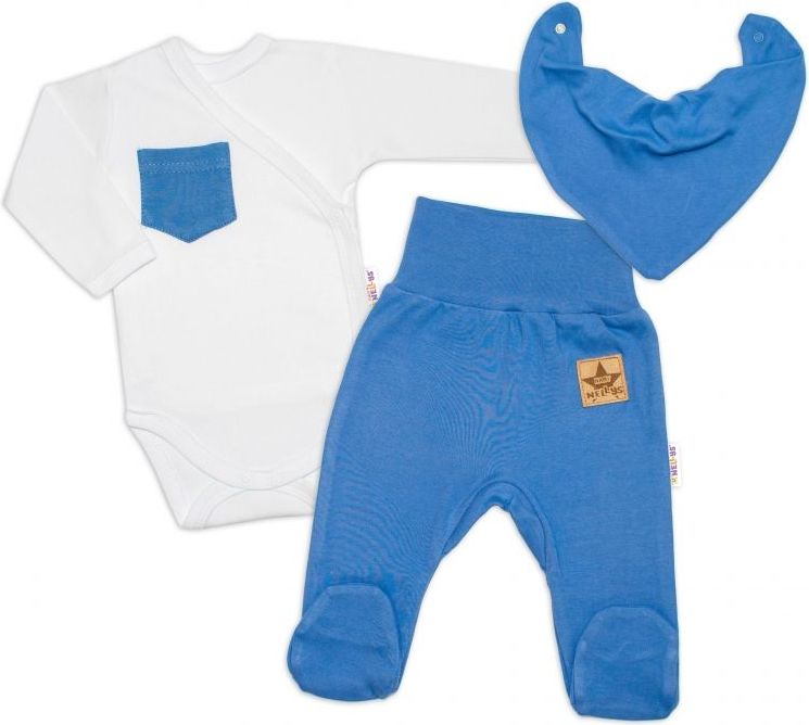 Baby Nellys 3-dílná sada Body dl. rukáv s kapsou, šátek, polodupačky, modrá, bílá, vel. 56 - obrázek 1