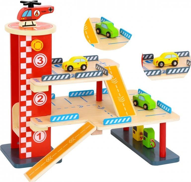 Tooky Toy Dřevěná patrová garáž s výtahem a heliportem - obrázek 1