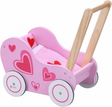 Dřevěný kočárek pro panenky - růžový - srdíčka - obrázek 1