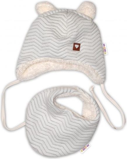 Baby Nellys Zimní kožíšková čepice s šátkem LOVE, šedý vzor - 38/40 čepičky obvod - obrázek 1