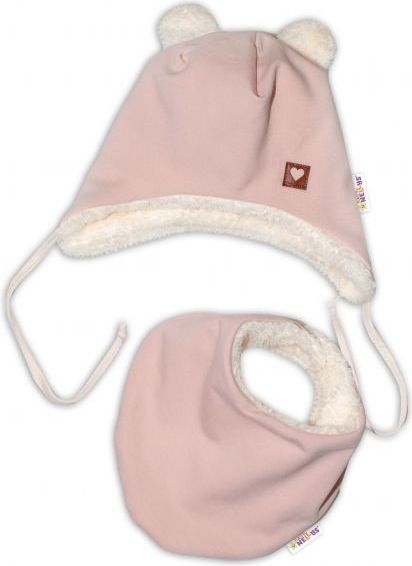 Baby Nellys Zimní kožíšková čepice s šátkem LOVE, pudrově růžová - 38/40 čepičky obvod - obrázek 1
