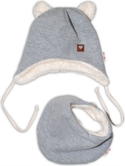 Baby Nellys Baby Nellys Zimní kožíšková čepice s šátkem LOVE, šedá, vel 42/44 cm - obrázek 1