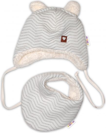 Baby Nellys Baby Nellys Zimní kožíšková čepice s šátkem LOVE, šedý vzor, vel. 46/48 cm - obrázek 1