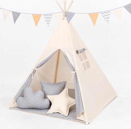 Stan pro děti teepee, týpí s výbavou - béžový/mini hvězdičky bílé na šedém - obrázek 1