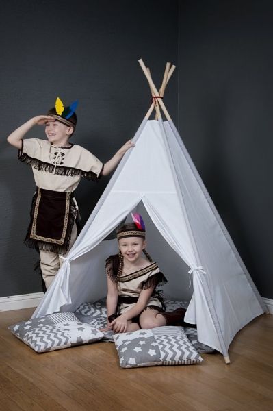 Stan pro děti teepee, týpí s výbavou - béžový/mini hvězdičky bílé na šedém - obrázek 2