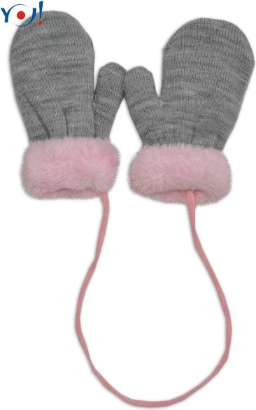 YO !  YO !  Zimní kojenecké  rukavičky s kožíškem - se šňůrkou  YO - šedé/růžový kožíšek 10cm rukavičky - obrázek 1