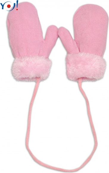YO !  YO !  Zimní kojenecké  rukavičky s kožíškem - se šňůrkou  YO - sv. růžové/růžový kožíšek 10cm rukavičky - obrázek 1