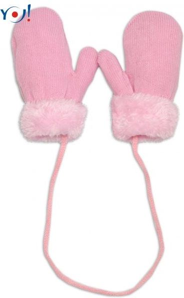 Zimní kojenecké  rukavičky s kožíškem - se šňůrkou  YO - sv. růžové/růžový kožíšek - 10cm rukavičky - obrázek 1