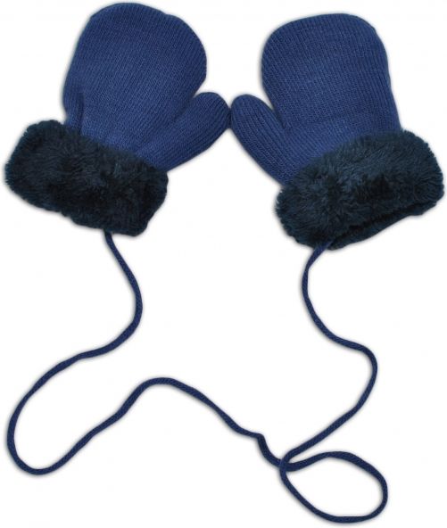 YO !  YO !  Zimní kojenecké  rukavičky s kožíškem - se šňůrkou  YO - jeans/granátový kožíšek - obrázek 1