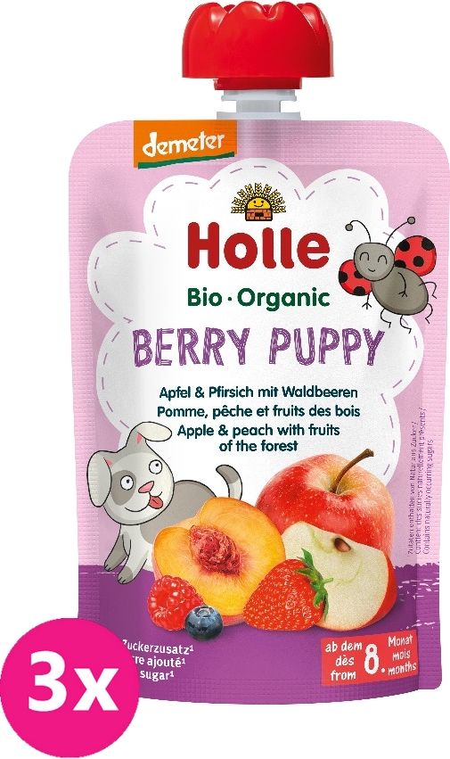 3x HOLLE Berry Puppy Bio ovocné pyré jablko, broskev a lesní plody, 100 g (6 m+) - obrázek 1