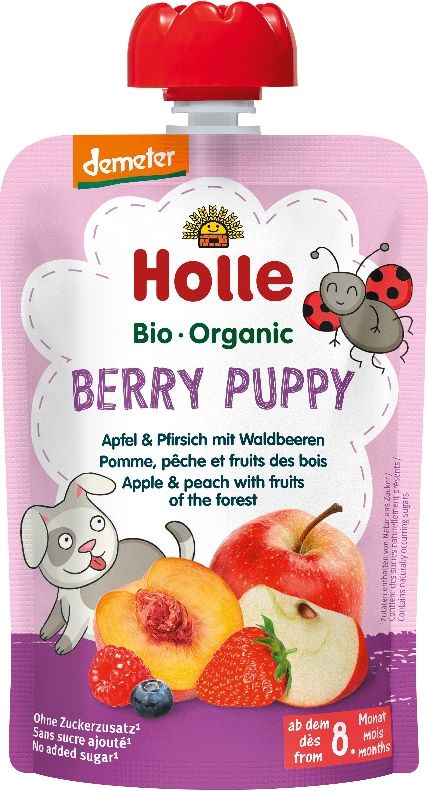 3x HOLLE Berry Puppy Bio ovocné pyré jablko, broskev a lesní plody, 100 g (6 m+) - obrázek 2