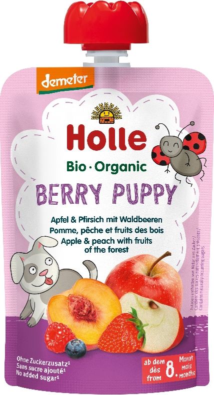 HOLLE Berry Puppy Bio ovocné pyré jablko, broskev a lesní plody, 100 g (6m+) - obrázek 1