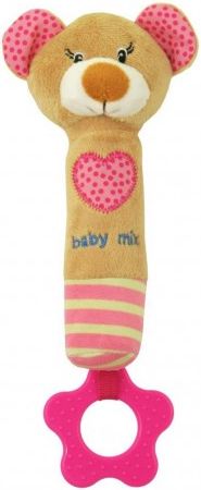 Dětská pískací plyšová hračka s kousátkem Baby Mix medvídek růžový, Růžová - obrázek 1