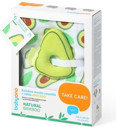 Zavinovací plena z bambusového mušelínu Baby Ono 120x120 cm + chrastítko avocado - obrázek 3