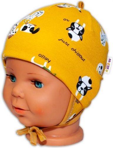 Baby Nellys Bavlněná čepička s oušky na zavazování - Pejsek, hořčicová, vel. 62/68 - 62/68 - obrázek 2