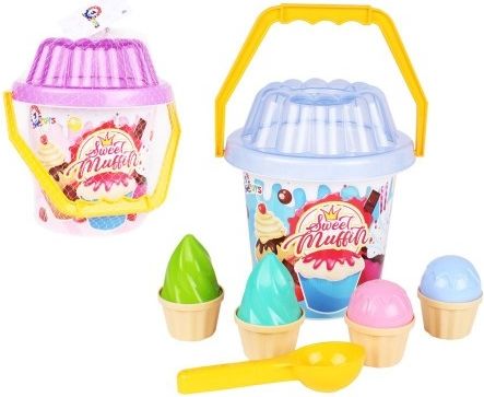 Teddies Sada na písek plast kbelík, lopatka, bábovky 2 barvy v síťce 20x21x20cm 12m+ - obrázek 1
