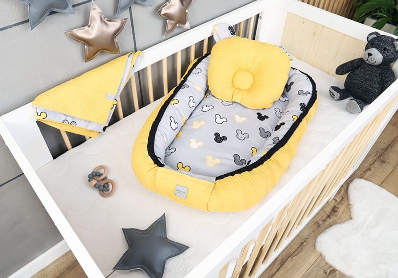 Baby Nellys Sada komplet oboustranné hnízdečko Vafel, 60 x 90 cm - Mickey, žlutá, šedá - obrázek 1